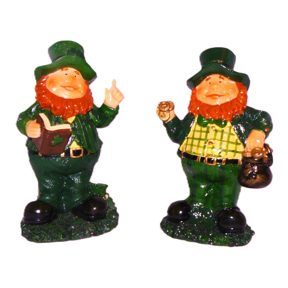 Saint Patricks Day Leprechaun Figurines Set Of 2 Hand-Painted Resin Collectibles